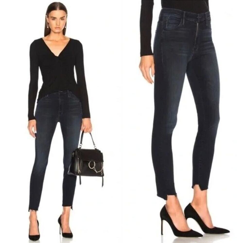 Mother Jeans The Stunner 31 Zip Two Step Fray Ankle Holding Hands Indigo Blue